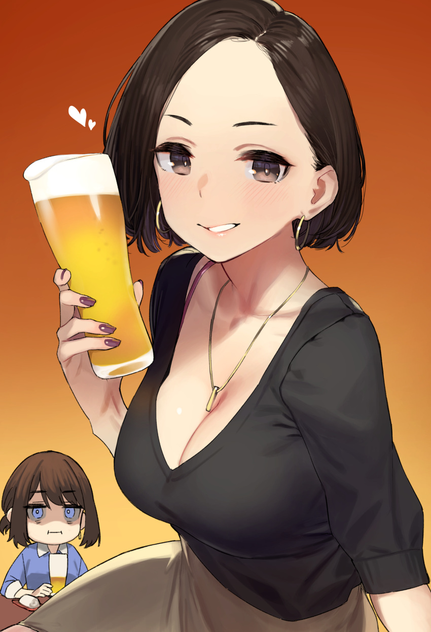 2girls 92m :i absurdres alcohol beer beer_mug black_shirt blue_eyes blush breasts brown_eyes brown_hair chibi chibi_inset cleavage collarbone cup douki-chan_(yomu_(sgt_epper)) earrings fingernails ganbare_douki-chan gradient gradient_background heart highres holding holding_cup hoop_earrings jewelry large_breasts long_fingernails looking_at_viewer low_neckline mug multiple_girls nail_polish necklace okuzumi_maiko orange_background parted_lips purple_nails shirt short_hair short_sleeves sitting smile