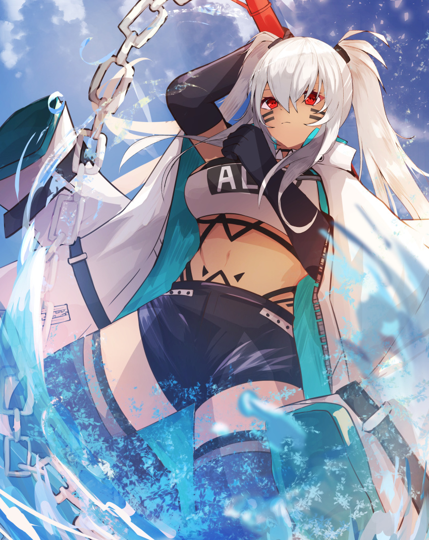 1girl absurdres alabama_(azur_lane) azur_lane bikini bikini_top black_gloves black_legwear body_markings breasts chain clothes_writing coat dark-skinned_female dark_skin elbow_gloves facial_mark gloves hane_(feathe02) highres large_breasts long_coat long_hair open_clothes open_coat red_eyes scythe short_shorts shorts standing strapless swimsuit thighhighs tubetop twintails very_long_hair whisker_markings white_hair