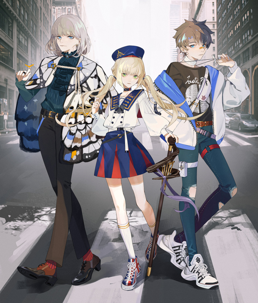 1girl 2boys absurdres artoria_pendragon_(caster)_(fate) artoria_pendragon_(fate) bag bandaged_neck bandaid bandaid_on_nose bangs belt black_footwear black_pants black_shirt blonde_hair blue_eyes blue_headwear blue_pants brown_hair building car closed_mouth coat earrings fate/grand_order fate_(series) fujimaru_ritsuka_(male) green_eyes ground_vehicle hat highres holding holding_jewelry holding_necklace holding_staff holding_stick jewelry long_hair looking_at_viewer motor_vehicle multiple_boys necklace necktie oberon_(fate) pale_skin pants parai0 patterned_clothing pedestrian_crossing_sign puffy_sleeves ring serious shirt shoes short_hair sidelocks skirt smile sneakers staff standing stick twintails vest white_footwear white_legwear