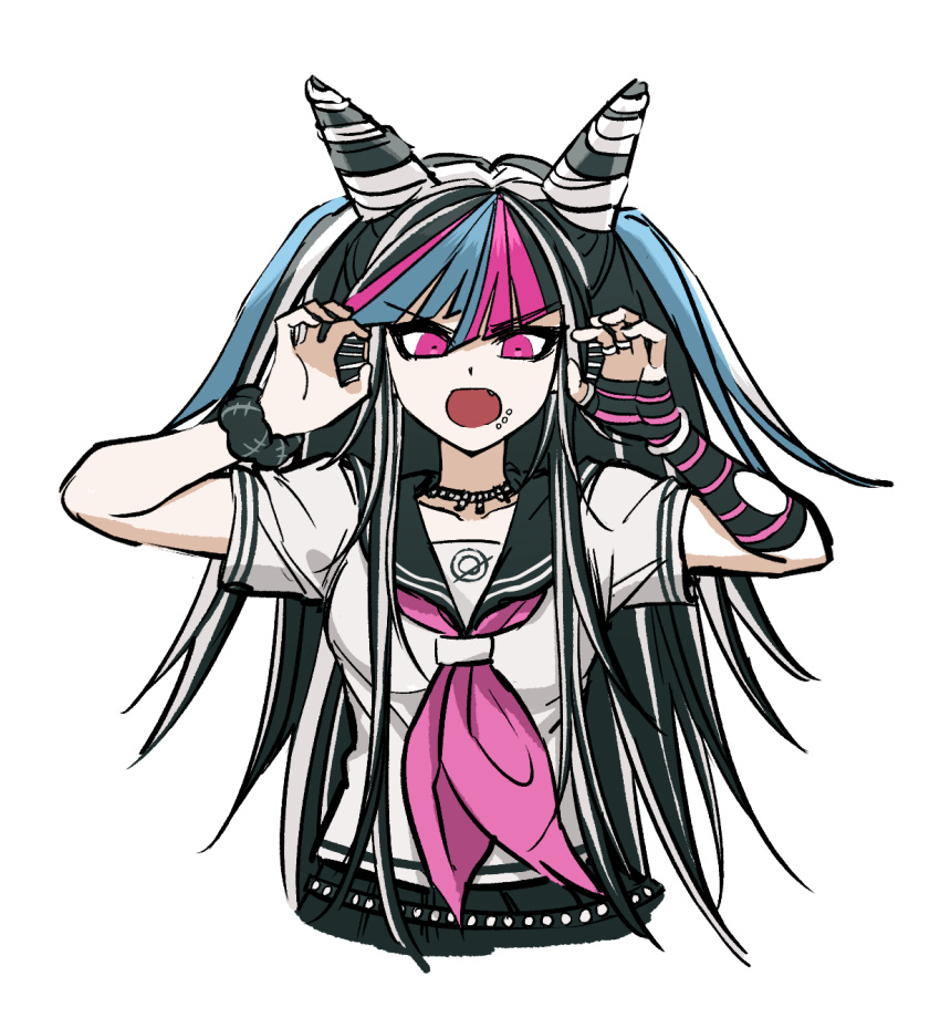 1girl bangs black_hair black_sailor_collar black_scrunchie black_skirt blue_hair breasts collarbone danganronpa_(series) danganronpa_2:_goodbye_despair ear_piercing fang fingerless_gloves gloves hair_horns hands_up highres jewelry large_breasts long_hair looking_at_viewer messy_hair mioda_ibuki multicolored_hair neckerchief necklace no_(xpxz7347) open_mouth piercing pink_eyes pink_hair pink_neckwear pleated_skirt ring sailor_collar school_uniform scrunchie serafuku short_sleeves skirt v-shaped_eyebrows white_background white_hair wrist_scrunchie