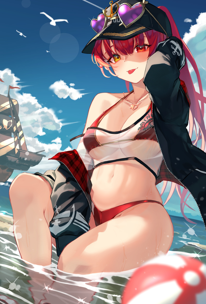 1girl absurdres anchor_print anchor_symbol ball bangs baseball_cap bikini bikini_under_clothes bird black_headwear black_jacket blue_sky blurry blush breasts cloud commentary_request crop_top day depth_of_field eyewear_on_headwear hand_up hat heart heart-shaped_eyewear heart_necklace heterochromia highres hololive houshou_marine jacket lens_flare long_hair looking_at_viewer medium_breasts navel ocean off_shoulder official_alternate_costume pirate_ship ponytail red_bikini red_eyes red_hair roco_(rocoroco1115) see-through_shirt sitting skindentation sky soaking_feet solo strap_gap sunglasses swimsuit tongue tongue_out virtual_youtuber water yellow_eyes