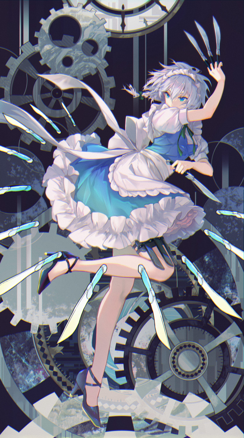 1girl absurdres apron bare_legs blue_dress blue_eyes braid breasts covering_mouth dress eyebrows_visible_through_hair frilled_skirt frills gears green_neckwear hair_between_eyes hair_ribbon high_heels highres holding holding_knife holster izayoi_sakuya knife knives_between_fingers kyusoukyu looking_to_the_side maid_apron maid_headdress puffy_short_sleeves puffy_sleeves ribbon roman_numeral short_hair short_sleeves silver_hair skirt small_breasts thigh_holster touhou tress_ribbon twin_braids