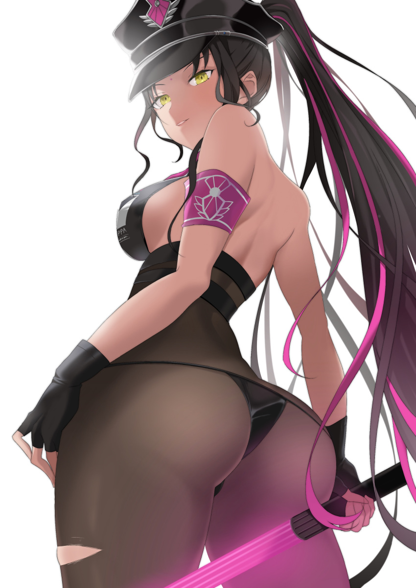 1girl absurdres ass back bangs bare_shoulders bikini black_bikini black_gloves black_hair black_headwear black_legwear blush breasts facial_mark fate/grand_order fate_(series) fingerless_gloves forehead_mark gloves halter_top halterneck hat highres large_breasts long_hair looking_at_viewer looking_back multicolored_hair necktie oxygen_mask_(oxygenmask233) pantyhose parted_bangs pink_hair pink_neckwear police_hat ponytail sesshouin_kiara sesshouin_kiara_(swimsuit_mooncancer)_(fate) sideboob solo streaked_hair swimsuit thighs traffic_baton very_long_hair yellow_eyes
