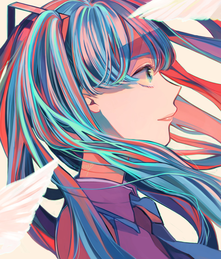 1girl absurdres artist_name bangs blue_eyes blue_hair blue_neckwear hatsune_miku highres long_hair multicolored_hair necktie portrait profile richard_(ri39p) solo twitter_username vocaloid white_background