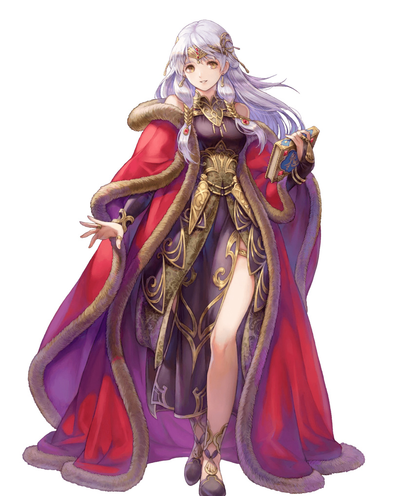 1girl bangs bare_shoulders book breasts brown_eyes dress fingernails fire_emblem fire_emblem:_radiant_dawn fire_emblem_heroes full_body fur_trim haccan hair_ornament highres holding holding_book jewelry long_hair long_sleeves looking_at_viewer medium_breasts micaiah_(fire_emblem) official_art parted_lips purple_dress shiny shiny_hair side_slit silver_hair smile solo standing thigh_strap thighs tiara transparent_background