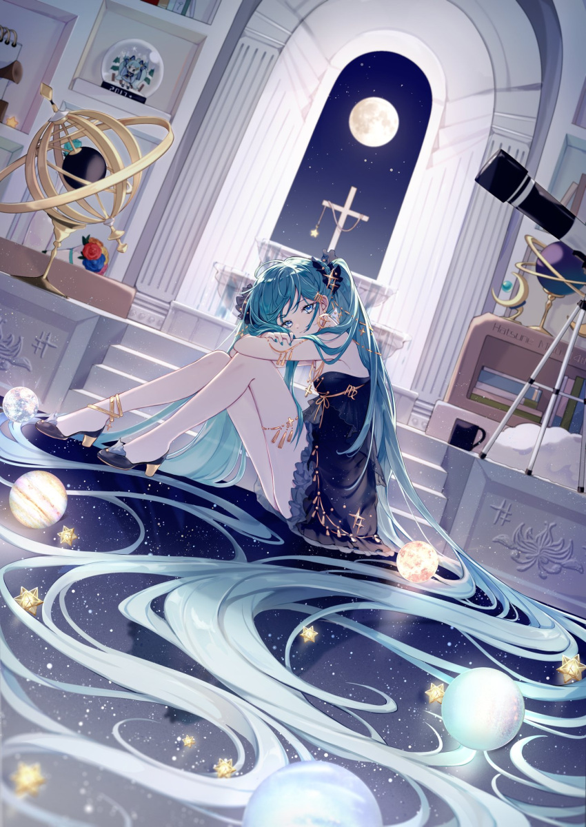 1girl absurdly_long_hair aqua_eyes aqua_hair arch black_ribbon blue_dress book book_stack bouquet chain crescent crescent_earrings cross cross_necklace cup dress earrings flower gold_chain green_nails gyroscope hair_ornament hair_ribbon hatsune_miku high_heels highres jewelry jupiter_(planet) long_hair looking_at_viewer moon moon_(ornament) mug nail_polish necklace nishina_hima on_floor planet ribbon rose sitting sky snow_globe solo stairs star_(sky) star_(symbol) starry_sky telescope twintails very_long_hair vocaloid window
