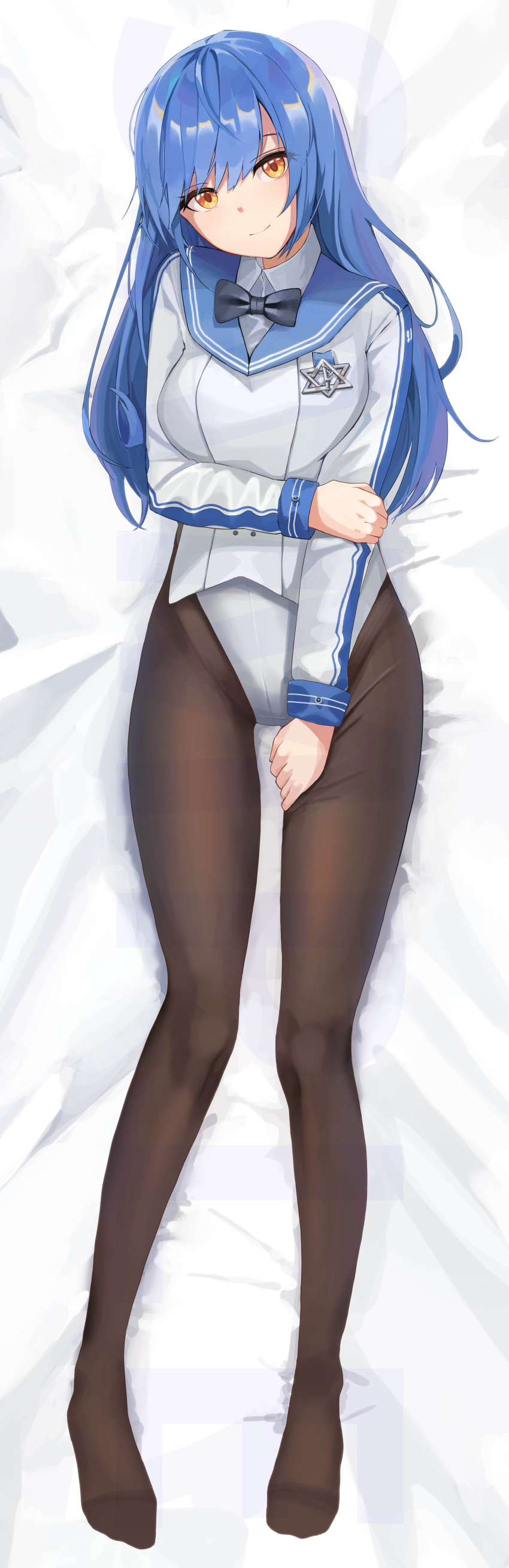 1girl absurdres black_legwear blue_hair bow bowtie breasts cardigan closed_mouth eyebrows_visible_through_hair girls'_frontline hexagram highres long_hair looking_at_viewer lying nighttsound no_shoes on_back on_bed orange_eyes pantyhose shirt simple_background smile solo star_of_david tar-21_(girls'_frontline) white_shirt