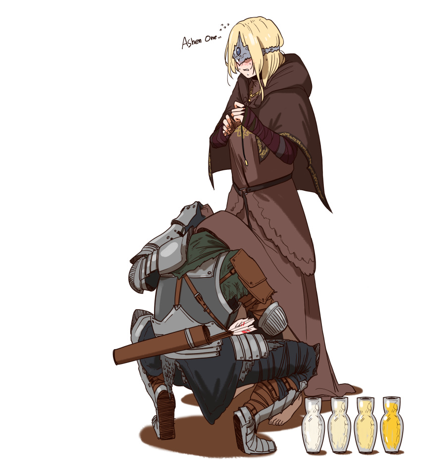 1boy 1girl absurdres armor arrow_(projectile) ashen_one_(dark_souls_3) barefoot blindfold blonde_hair blush brown_dress brown_skirt capelet character_name crown dark_souls_(series) dark_souls_iii dress drinking_pee elbow_pads enpera estus_flask fire_keeper flying_sweatdrops full_armor gauntlets highres hood hood_down hooded_capelet huqu long_skirt long_sleeves metal_boots pee quiver simple_background skirt tiptoes under_dress white_background