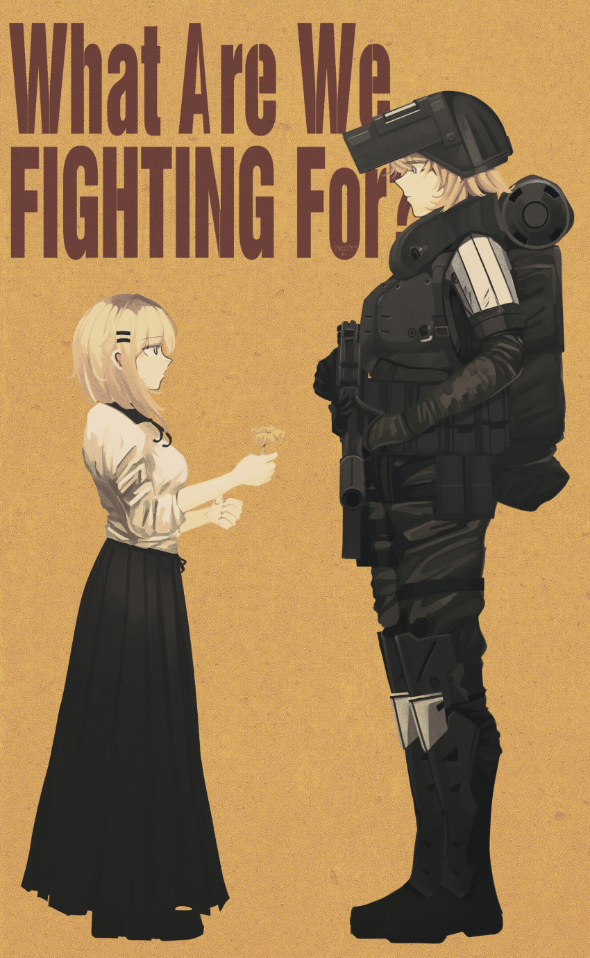 2girls absurdres armor armored_boots backpack bag black_footwear black_skirt blonde_hair blue_eyes boots breasts closed_mouth english_text eyebrows_visible_through_hair flower from_side girls'_frontline hair_ornament hairclip helmet highres holding holding_flower holding_weapon kanoe_(kanoe502) kcco_(girls'_frontline) long_hair looking_at_another military military_uniform multiple_girls original poster_(medium) shirt skirt uniform weapon white_shirt yellow_background