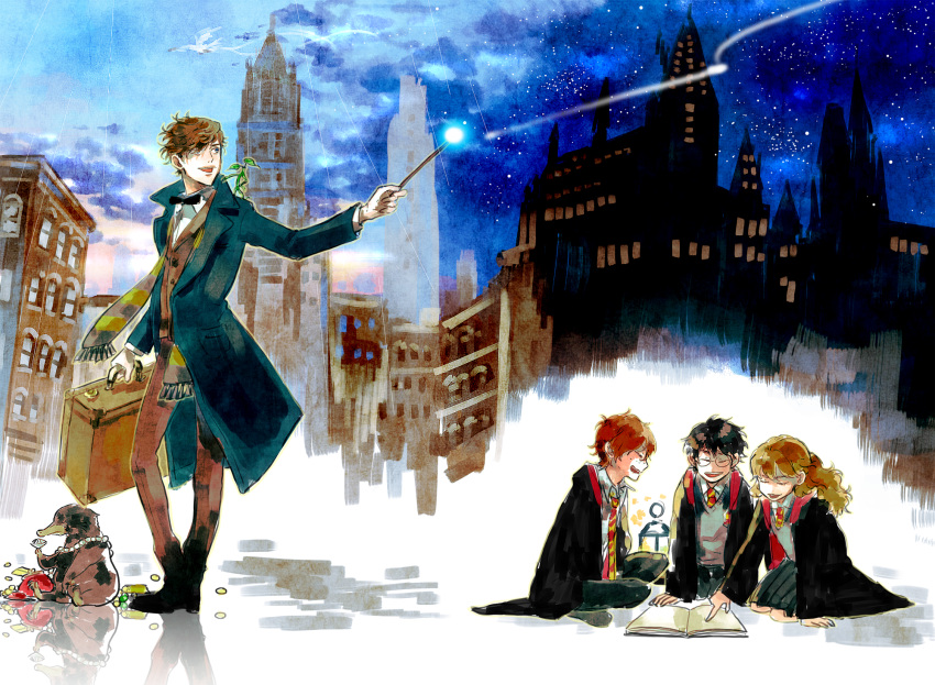 1girl 3boys black_hair black_robe book bow bowtie brown_hair childlock fantastic_beasts_and_where_to_find_them glasses gryffindor harry_james_potter harry_potter hermione_granger highres hogwarts_school_uniform holding holding_wand lantern long_hair multiple_boys necktie newt_scamander niffler open_book orange_hair robe ron_weasley school_uniform short_hair smile striped striped_neckwear time_paradox wand