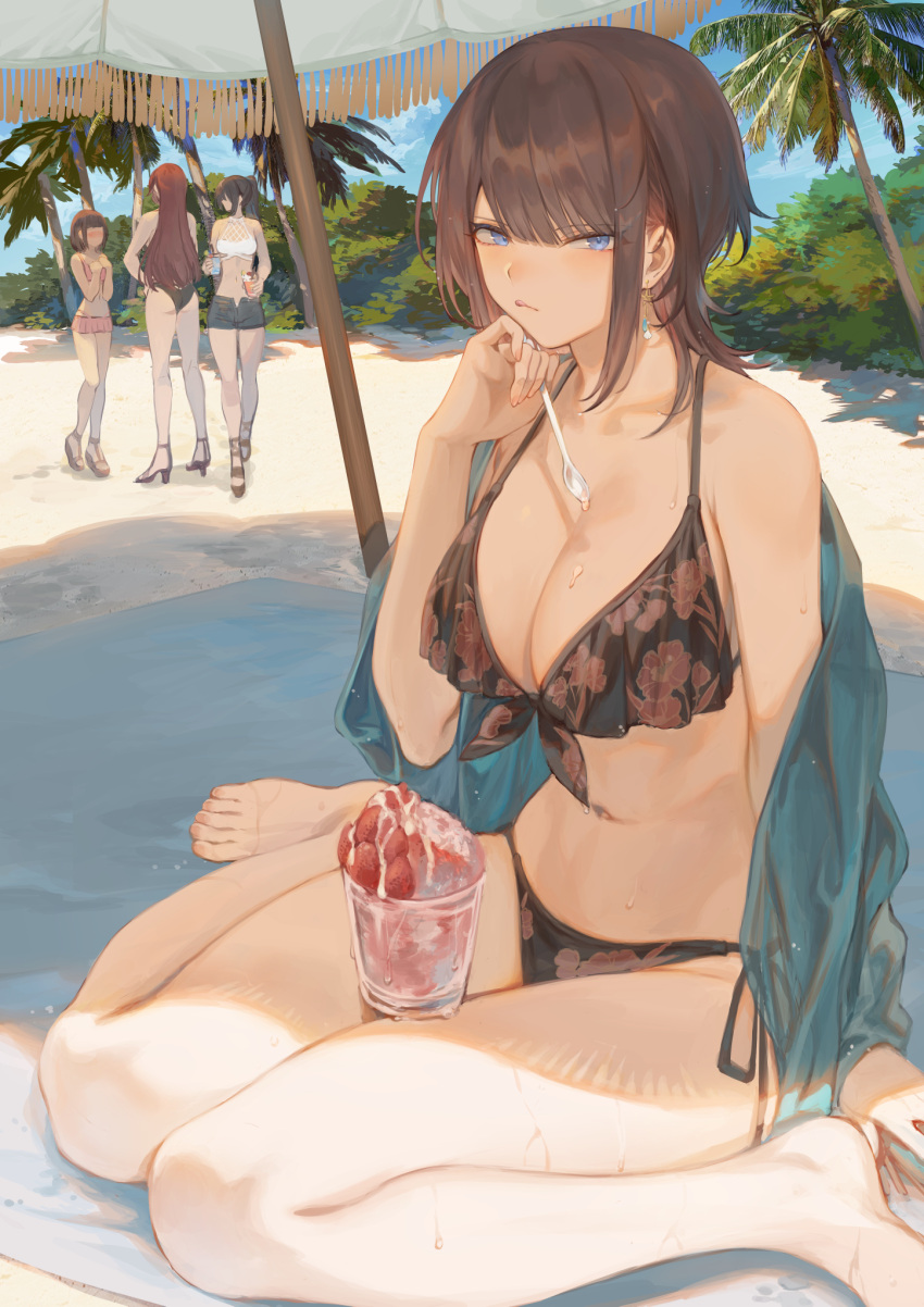 4girls ass bangs barefoot beach bikini bikini_skirt black_bikini blue_eyes blue_jacket blue_sky blunt_bangs blush breasts brown_footwear brown_hair bush cleavage cup earrings floral_print food front-tie_bikini front-tie_top fruit halterneck hand_on_hip hands_on_own_chest high_ponytail highres ice_cream jacket jewelry long_hair looking_at_viewer mashuu_(neko_no_oyashiro) medium_breasts multiple_girls nail_polish navel original palm_tree pink_bikini pink_skirt pink_swimsuit pleated_skirt ponytail pout red_hair sand short_hair side-tie_bikini sidelocks sitting skirt sky spoon strawberry sundae sweat swimsuit toeless_footwear toenail_polish toenails towel tree umbrella unbuttoned_shorts wariza white_bikini