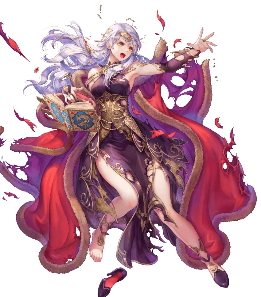 1girl armpits bangs bare_shoulders barefoot book breasts bridal_gauntlets brown_eyes dress fire_emblem fire_emblem:_radiant_dawn fire_emblem_heroes floating floating_object full_body fur_trim haccan hair_ornament high_heels highres jewelry long_hair looking_away medium_breasts micaiah_(fire_emblem) official_art open_book open_mouth purple_dress shiny shiny_hair shoes silver_hair single_shoe solo thigh_strap tiara toes torn_clothes torn_dress transparent_background