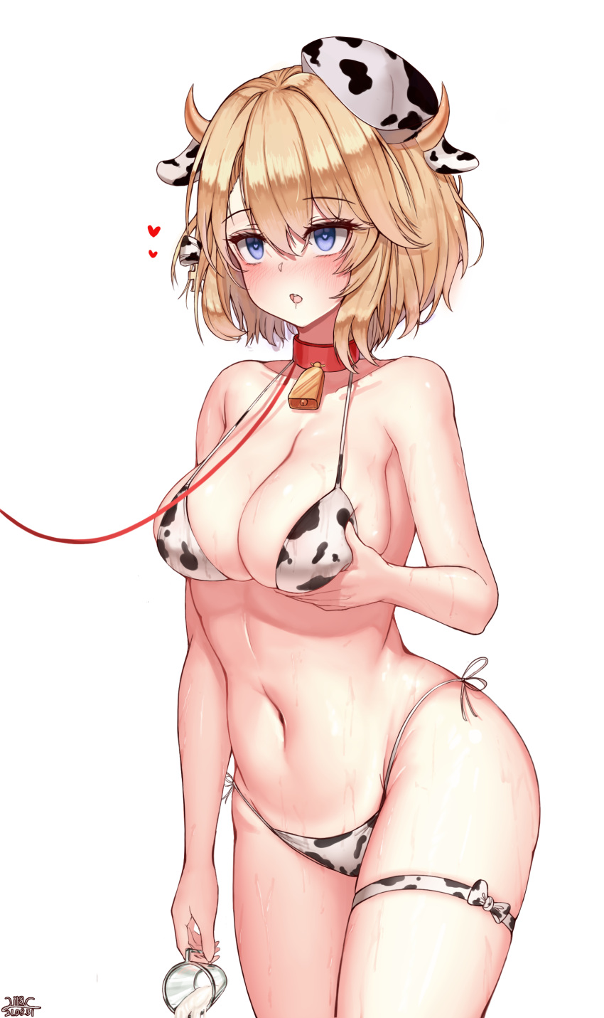 1girl absurdres animal_ears animal_print azur_lane bangs bell bikini blonde_hair blush breast_squeeze breasts collar covered_nipples cow_ears cow_horns cow_print cowbell cowboy_shot cup drooling english_commentary eyebrows_visible_through_hair hair_between_eyes hair_ornament hair_ribbon heart heart-shaped_pupils highres holding holding_cup horns large_breasts leash lilac_(k32420276) looking_ahead micro_bikini milk navel neck_bell open_mouth ribbon saliva side-tie_bikini simple_background slave solo spilled_milk strap_gap sweat swimsuit symbol-shaped_pupils thigh_strap wet white_background z23_(azur_lane)