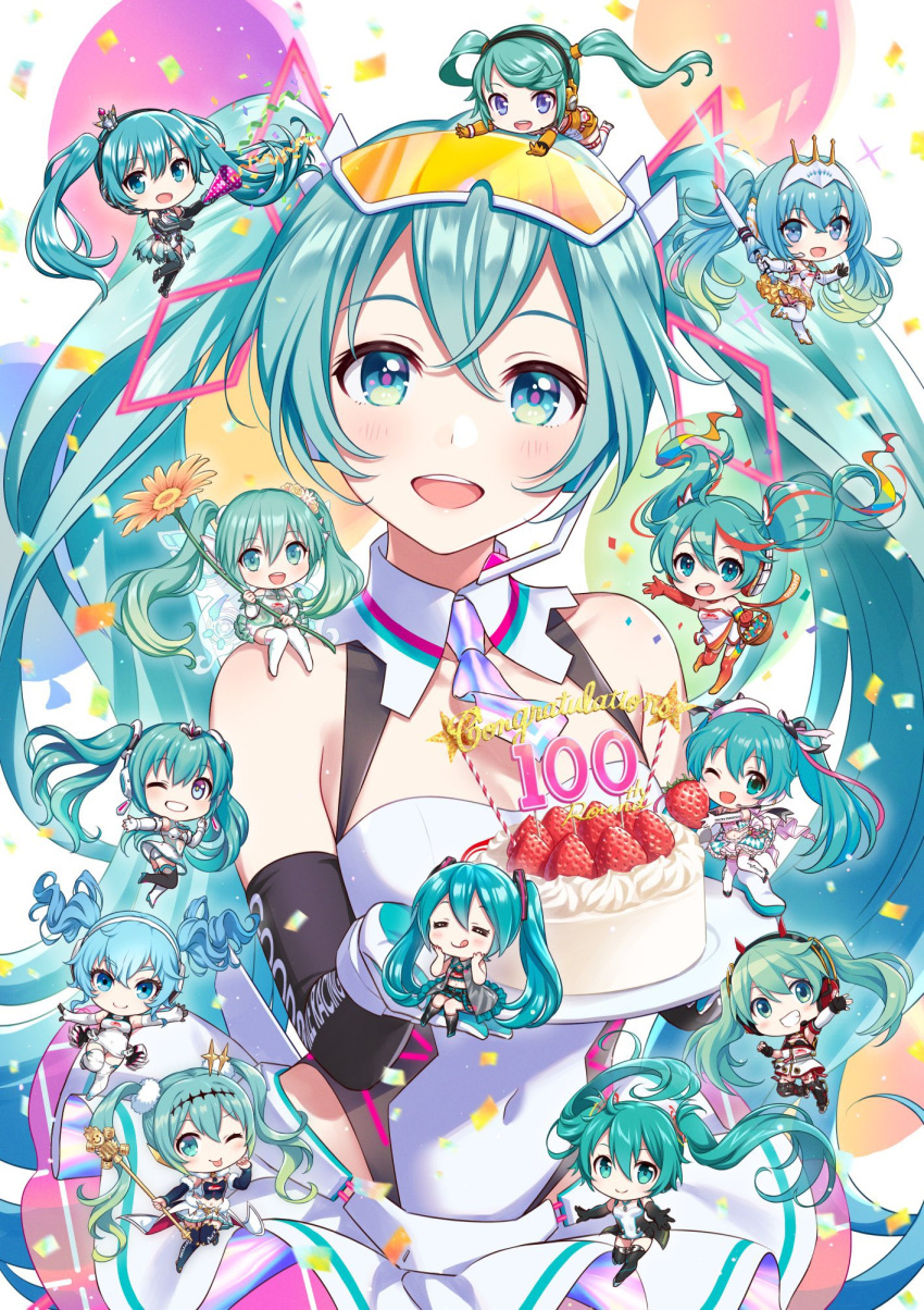 6+girls :d :q ;d ;p =_= aqua_eyes aqua_hair balloon bangs bare_shoulders basket black_gloves breasts butterfly_wings cake chibi cleavage clothes_writing confetti covered_navel cowboy_shot cream crown elbow_gloves fingerless_gloves flower food fruit gloves goggles goggles_on_head grin hands_on_own_cheeks hands_on_own_face hatsune_miku headset highres holding holding_flower holding_plate holding_staff lance leotard long_hair looking_at_viewer miniskirt morikura_en multicolored_hair multiple_girls necktie number on_head one_eye_closed open_mouth orange_flower party_popper pink_neckwear plate polearm purple_eyes racing_miku racing_miku_(2009) racing_miku_(2010) racing_miku_(2011) racing_miku_(2012) racing_miku_(2013) racing_miku_(2014) racing_miku_(2015) racing_miku_(2016) racing_miku_(2017) racing_miku_(2018) racing_miku_(2019) racing_miku_(2020) racing_miku_(2021) red_gloves red_hair red_legwear simple_background skirt small_breasts smile staff star_(symbol) strawberry streaked_hair swept_bangs thighhighs tiara tongue tongue_out twintails two-tone_hair very_long_hair vocaloid waving weapon white_background white_gloves white_legwear white_leotard white_skirt wings