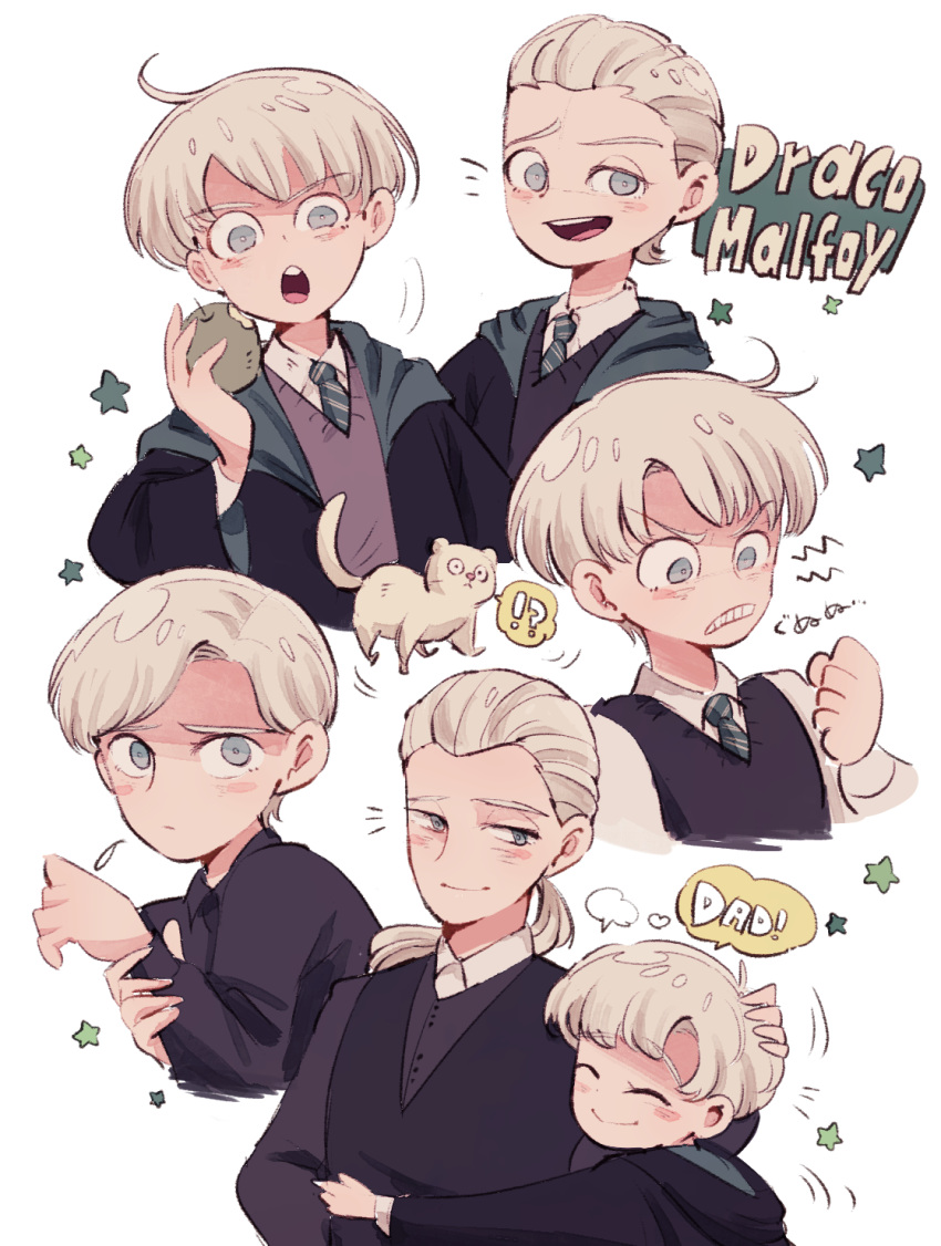 2boys apple black_robe blonde_hair blue_eyes draco_malfoy father_and_son food fruit green_apple harry_potter harry_potter:_the_cursed_child harry_potter_and_the_deathly_hallows harry_potter_and_the_philosopher's_stone highres hogwarts_school_uniform long_hair multiple_boys necktie older ponytail school_uniform scorpius_malfoy short_hair slytherin striped striped_neckwear