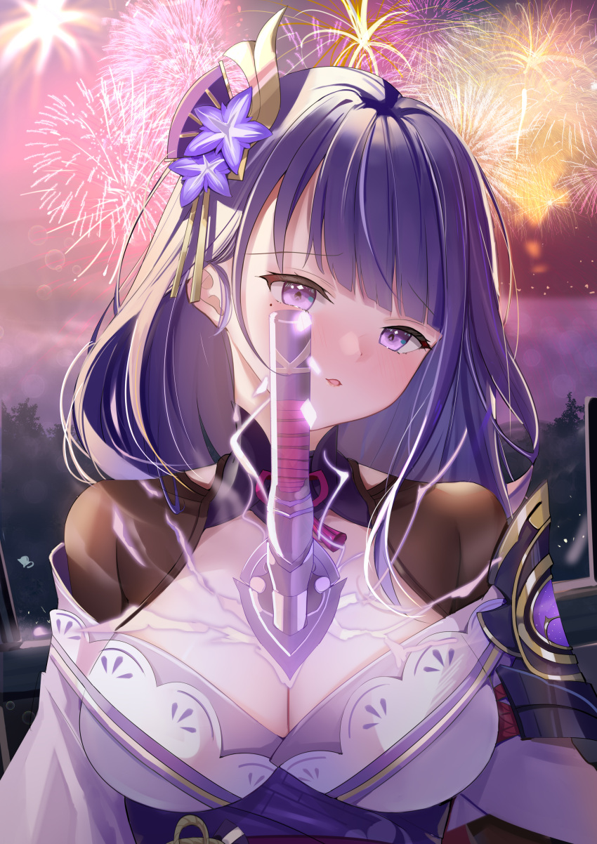 1girl absurdres armor bangs blush breasts cleavage commentary_request electricity eyebrows_visible_through_hair fireworks flower genshin_impact hair_ornament highres hilt japanese_clothes kimono large_breasts long_hair looking_at_viewer mole mole_under_eye obi obiage open_mouth purple_eyes purple_flower purple_hair raiden_shogun ribbon sash shoulder_armor solo tassel tomoe_(symbol) zhongwu_chahui