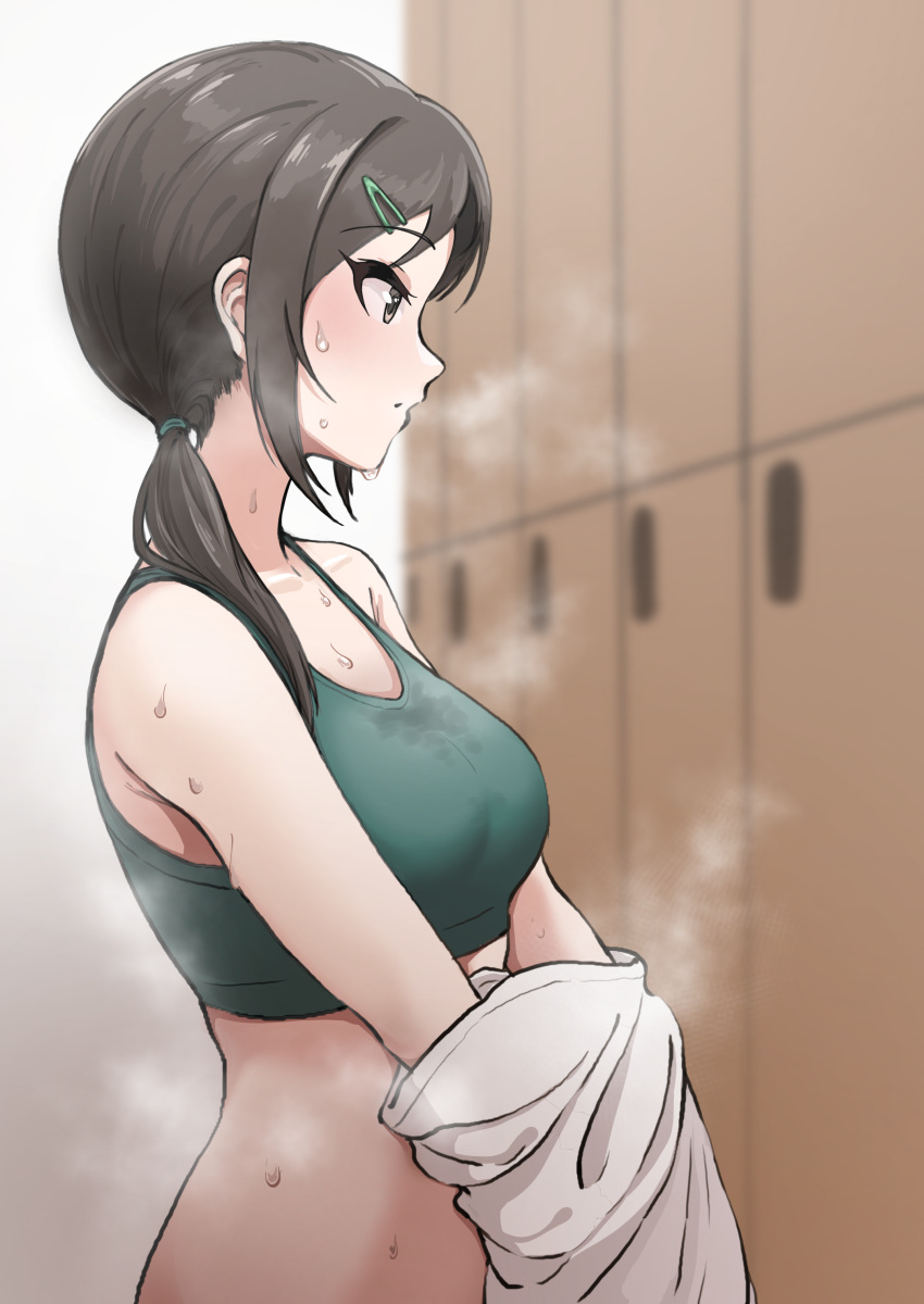 1girl absurdres bangs bare_shoulders black_hair bra breasts brown_hair closed_mouth collarbone from_side hair_ornament hair_over_shoulder hairclip highres idolmaster idolmaster_cinderella_girls indoors large_breasts locker locker_room long_hair medium_breasts ponytail profile rookie_trainer solo sports_bra steam steaming_body sweat trainer_(idolmaster) underwear undressing upper_body ushimochi