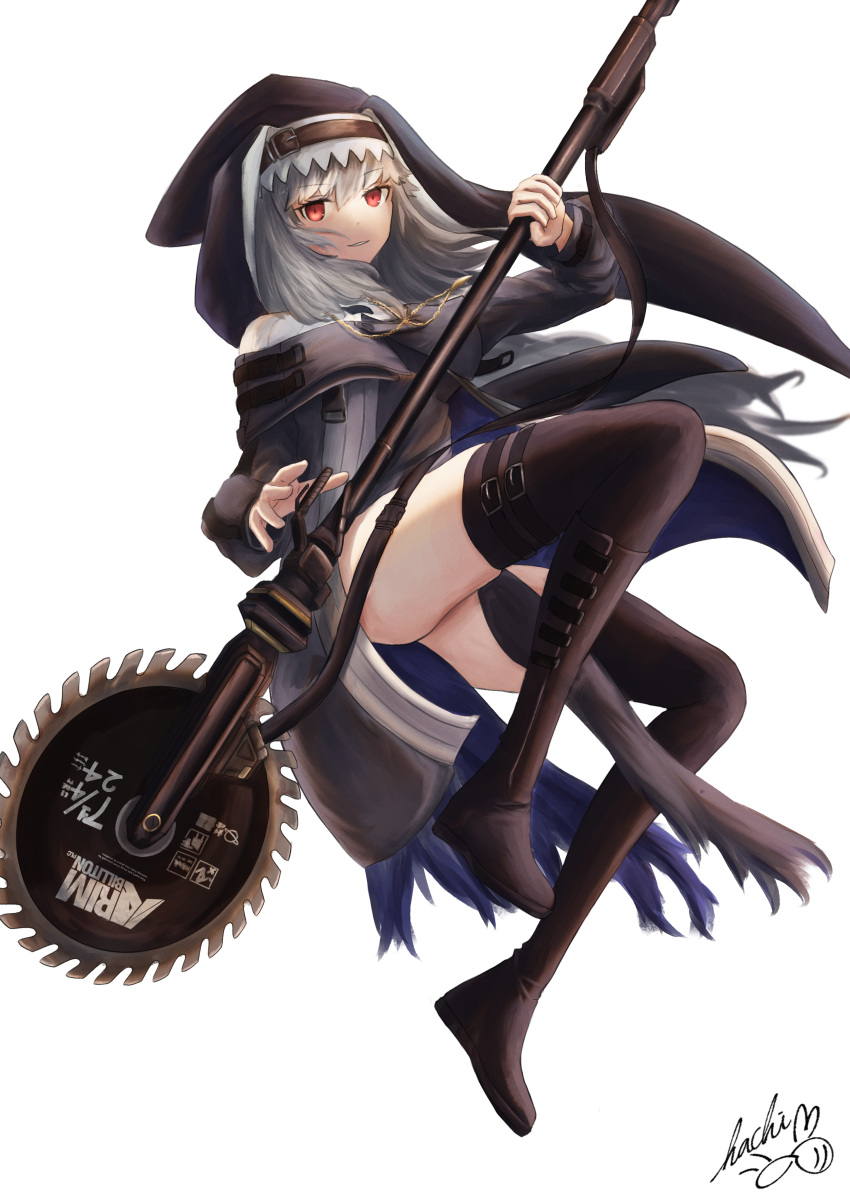 1girl absurdres arknights belt_boots black_footwear black_legwear black_shirt boots circular_saw commentary_request full_body grey_hair hat highres holding holding_weapon knee_boots long_hair looking_at_viewer parted_lips partial_commentary red_eyes shirt signature simple_background smile solo specter_(arknights) superbeek4 thighhighs thighs weapon white_background