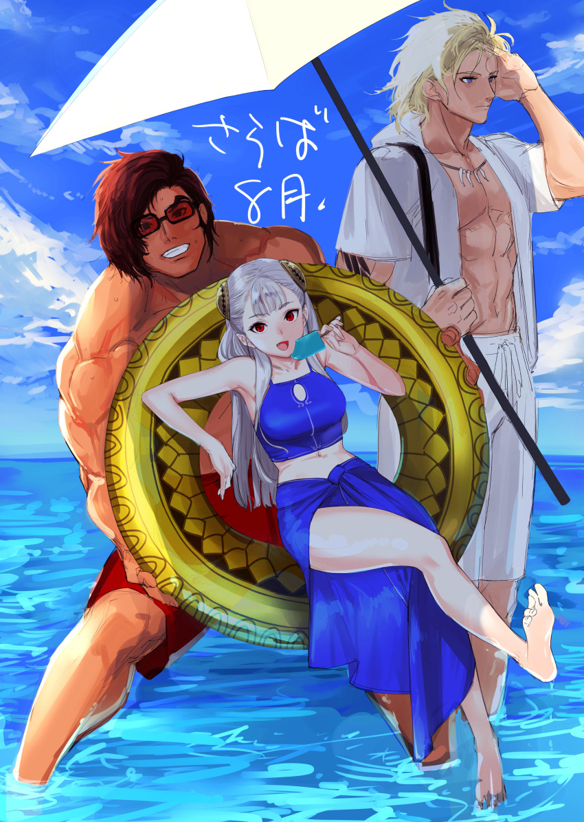 1girl 2boys abs absurdres albino arm_tattoo barefoot blonde_hair blue_eyes blue_swimsuit breasts brown_hair capcom_fighting_allstars capcom_fighting_jam d_d dark-skinned_male dark_skin fang food hairpods highres holding holding_umbrella indoors ingrid_(capcom) long_hair looking_at_viewer medium_breasts multiple_boys muscular muscular_male ocean parasol popsicle red-tinted_eyewear red_eyes sarong silver_hair soles summer sunglasses swimsuit tan tankini tattoo tetsu_(kimuchi) tinted_eyewear tooth_necklace umbrella wading water wet