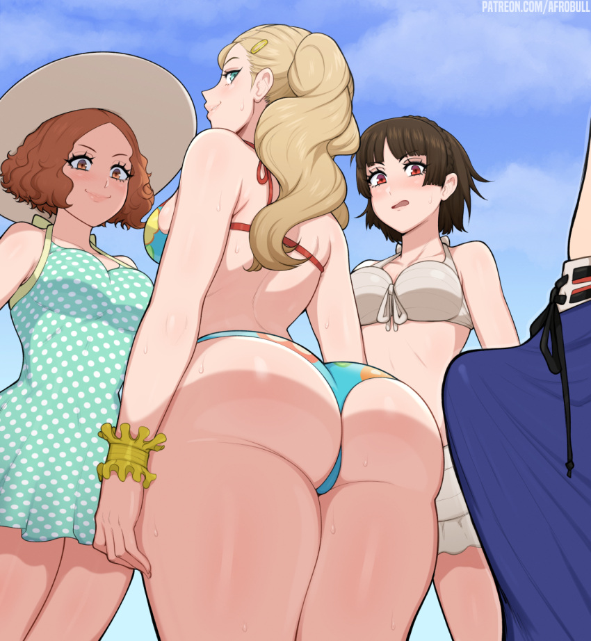 1boy 3girls afrobull ass bikini blonde_hair blue_bikini blue_dress blue_eyes blue_sky blush braid breasts brown_eyes brown_hair bulge closed_mouth commentary crown_braid day dress english_commentary from_below front-tie_bikini front-tie_top hair_ornament hairclip hat highres medium_breasts medium_hair multiple_girls niijima_makoto okumura_haru open_mouth outdoors patreon_username persona persona_5 polka_dot polka_dot_dress red_eyes short_dress sky smile standing sun_hat sweat swimsuit takamaki_anne twintails white_bikini wide-eyed wristband