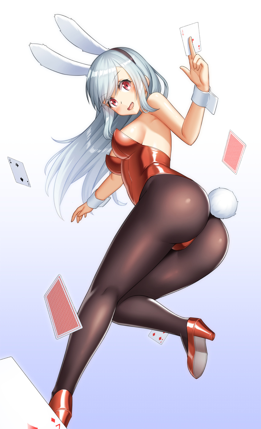 1girl ace_of_clubs animal_ears ass black_headband black_legwear blue_hair card eyebrows_visible_through_hair fake_animal_ears hair_between_eyes headband high_heels highres holding holding_card kuro_emimi leotard long_hair looking_back multicolored_hair open_mouth original pants playboy_bunny poker rabbit_tail red_footwear sidelocks simple_background solo tail two-tone_hair two_of_diamonds two_of_spades white_hair wrist_cuffs