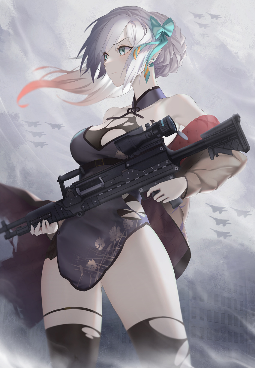 1girl aircraft aqua_bow aqua_ribbon bare_shoulders black_legwear blue_eyes bow braid breasts brown_jacket closed_mouth cloud cloudy_sky dress earrings eigo_ichii eyebrows_visible_through_hair feet_out_of_frame from_below girls'_frontline gun hair_bow hair_ornament hair_ribbon highres holding holding_weapon jacket jacket_pull jewelry long_hair looking_away lwmmg_(girls'_frontline) medium_breasts multicolored_hair purple_dress ribbon rifle silver_hair sky sniper_rifle sniper_scope solo standing star_(symbol) star_earrings thighhighs torn_clothes torn_legwear weapon white_hair