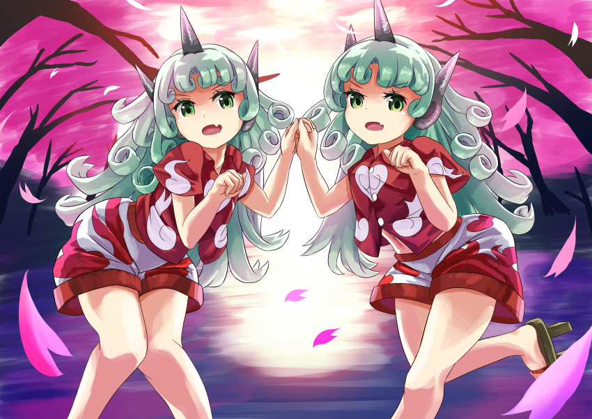 absurdres aqua_hair buttons cloud_print curly_hair dual_persona fang geta green_eyes heart highres horns houshiruri kariyushi_shirt komainu komano_aunn long_hair looking_at_viewer midriff open_mouth partially_unbuttoned red_shirt shirt shorts single_horn touhou unbuttoned unbuttoned_shirt white_shorts