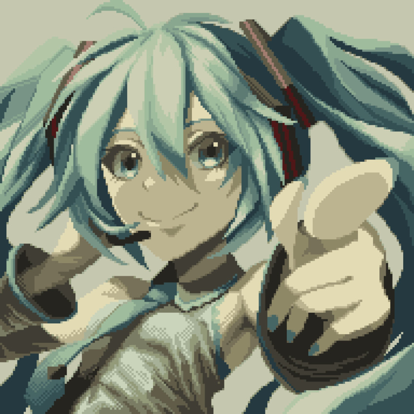 1girl aqua_eyes aqua_hair aqua_nails aqua_neckwear bangs closed_mouth daisen_(specialdaisen) grey_background hatsune_miku highres long_hair looking_at_viewer necktie pixel_art pointing pointing_at_viewer simple_background smile solo twintails upper_body very_long_hair vocaloid