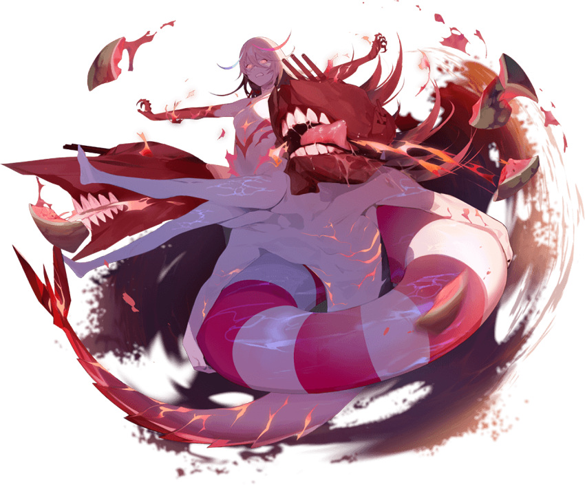 1girl abyssal_mediterranean_princess abyssal_ship akira_(kadokawa) clenched_teeth food fruit full_body hair_between_eyes innertube kantai_collection long_hair official_art pale_skin red_eyes sandals solo teeth transparent_background watermelon white_hair