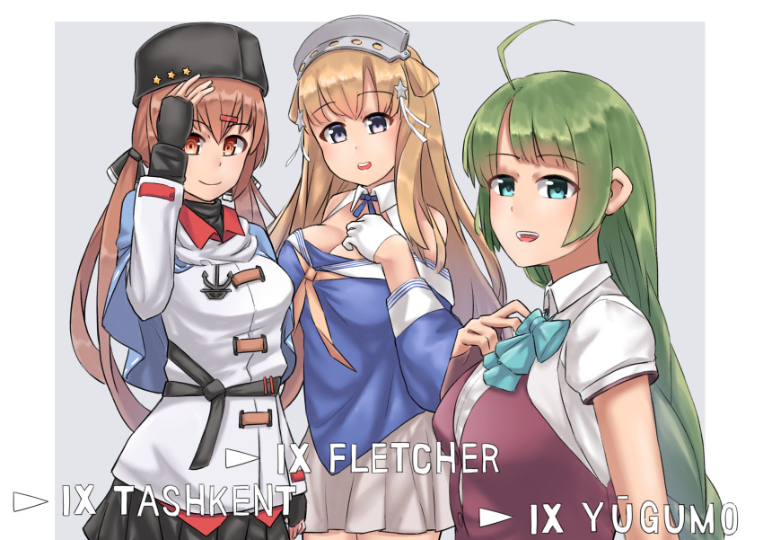 3girls absurdres ahoge anchor_necklace black_bow black_gloves black_headwear black_skirt blonde_hair blouse blue_shawl blue_shirt bow bowtie braid breasts brown_eyes brown_hair double_bun fingerless_gloves fletcher_(kancolle) garylin gloves green_hair hair_bow hair_ornament hairband highres jacket kantai_collection large_breasts long_hair long_sleeves low_twintails multiple_girls neckerchief off_shoulder papakha pleated_skirt purple_eyes red_shirt remodel_(kantai_collection) ribbon_trim sailor_collar scarf school_uniform serafuku shawl shirt short_sleeves single_braid skirt star_(symbol) star_hair_ornament tashkent_(kancolle) twintails untucked_shirt very_long_hair white_blouse white_gloves white_jacket white_sailor_collar white_scarf white_skirt world_of_warships yellow_neckwear yuugumo_(kancolle)