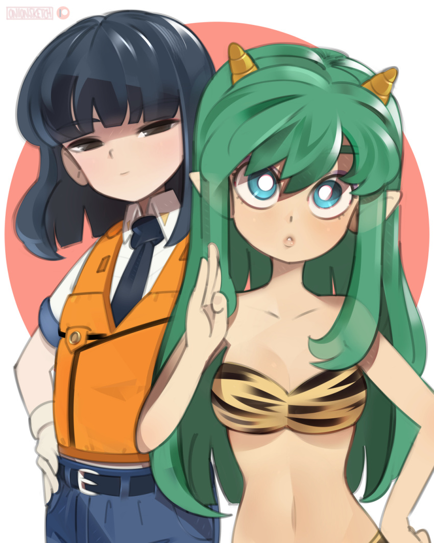 2girls animal_print bangs belt black_eyes black_hair black_neckwear blue_belt blue_eyes blue_pants breasts bright_pupils cleavage collarbone collared_shirt crossover flat_chest gloves green_hair hand_on_hip highres horns kanuka_clancy kidou_keisatsu_patlabor lum multiple_girls necktie onionsketch orange_vest pants parted_lips pointy_ears shirt short_hair strapless tiger_print tubetop urusei_yatsura vest white_gloves white_pupils white_shirt