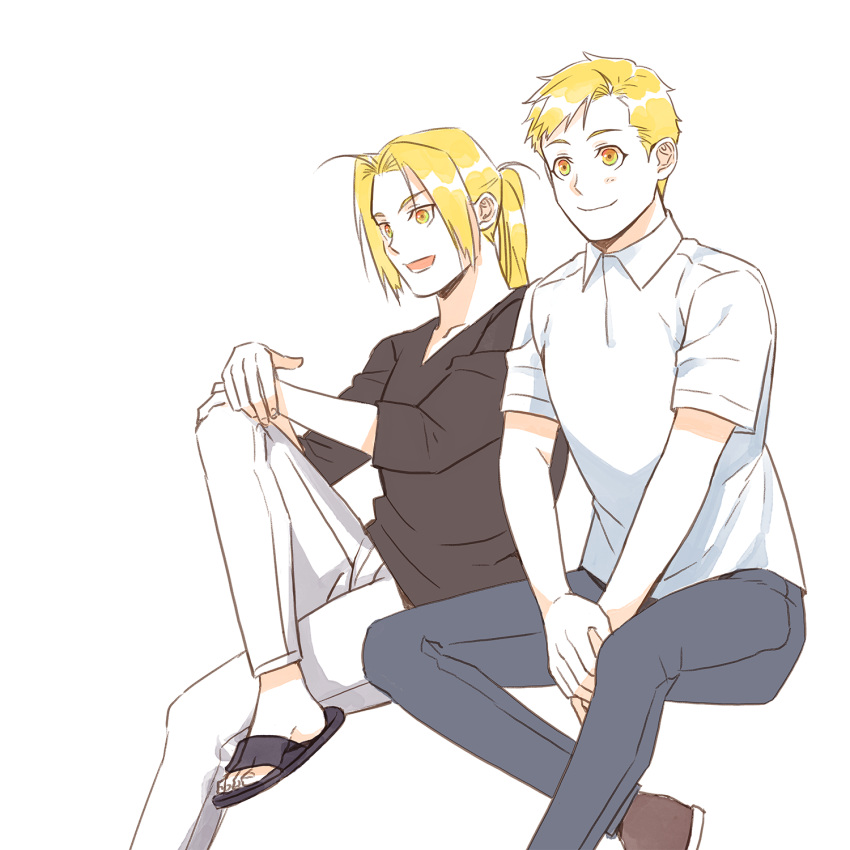 2boys ahoge alphonse_elric bangs black_footwear black_shirt blonde_hair brothers brown_footwear closed_mouth collared_shirt crossed_legs denim edward_elric fingernails foot_out_of_frame fullmetal_alchemist hands_on_own_knee happy highres jeans knee_up light_blush long_sleeves looking_afar male_focus multiple_boys open_mouth pai_(1111) pants parted_lips polo_shirt ponytail sandals shiny shiny_hair shirt shoes short_sleeves siblings side-by-side simple_background smile swept_bangs tareme toenails tsurime v_arms white_background white_pants white_shirt yellow_eyes