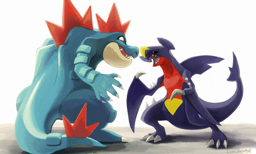 black_sclera claws colored_sclera commentary_request feraligatr garchomp gen_2_pokemon gen_4_pokemon highres no_humans open_mouth pokemon pokemon_(creature) red_eyes sharp_teeth spikes standing teeth tongue uninori yellow_eyes