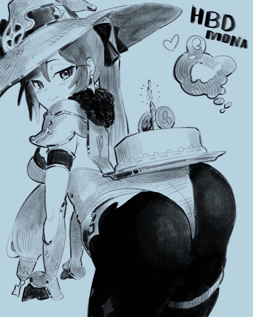 1girl absurdres arched_back ass bodystocking breasts cake candle cape detached_sleeves dismassd earrings elbow_gloves food fur_collar genshin_impact gloves greyscale hat hat_ornament highleg highleg_leotard highres jewelry leotard long_hair looking_at_viewer looking_back medium_breasts mona_(genshin_impact) monochrome pantyhose plate seelie_(genshin_impact) sketch smile star_(symbol) star_earrings thighlet thighs twintails witch_hat