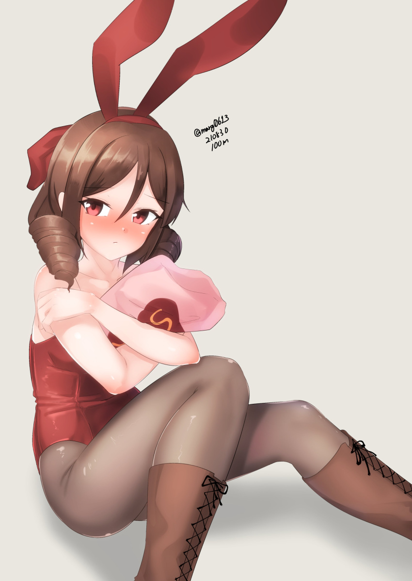 1girl absurdres animal_ears boots bow brown_footwear brown_hair brown_legwear cross-laced_footwear drill_hair fake_animal_ears feet_out_of_frame grey_background hair_bow harukaze_(kancolle) highres kantai_collection lace-up_boots leotard long_hair looking_at_viewer maru_(marg0613) one-hour_drawing_challenge pantyhose pillow pillow_hug playboy_bunny rabbit_ears red_bow red_eyes red_leotard simple_background sitting solo strapless strapless_leotard twin_drills yes yes-no_pillow