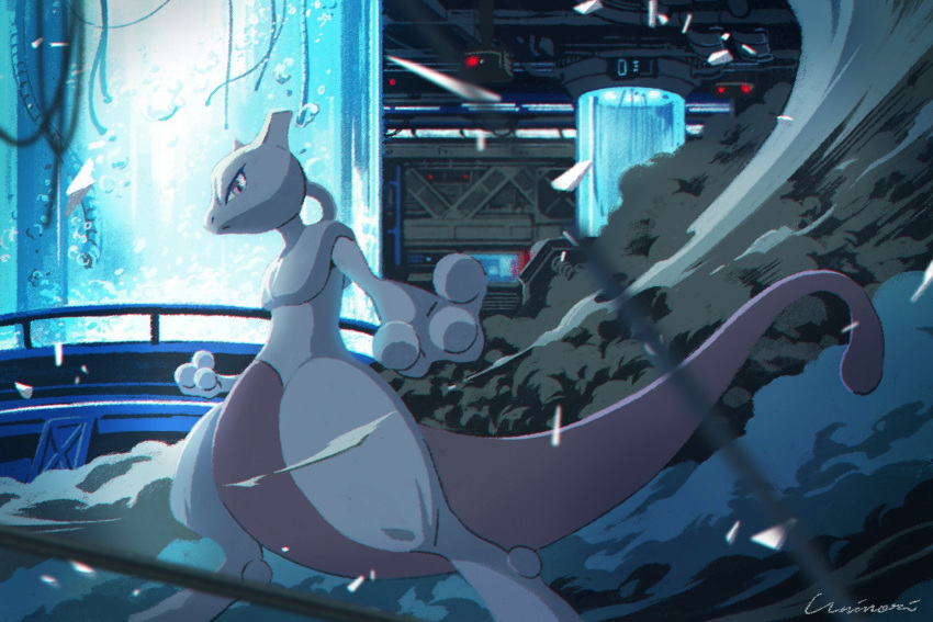 blurry closed_mouth commentary_request gen_1_pokemon highres indoors legendary_pokemon looking_to_the_side mewtwo pokemon pokemon_(creature) purple_eyes signature smoke solo standing uninori