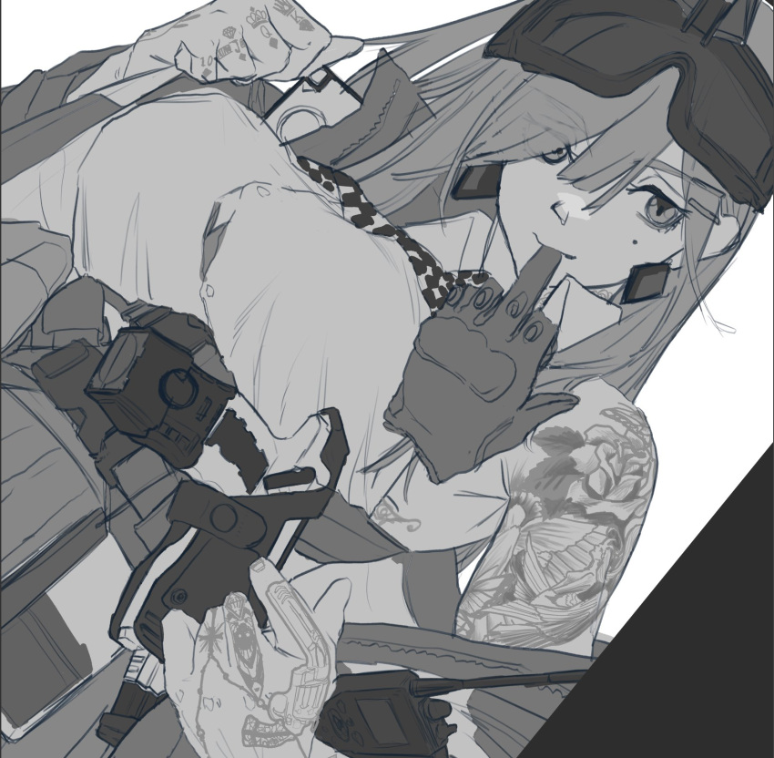 1girl armpits bare_shoulders breasts checkered checkered_neckwear collared_shirt dutch_angle earrings eyebrows_visible_through_hair eyes_visible_through_hair girls'_frontline glove_in_mouth gloves goggles goggles_on_head greyscale hair_between_eyes highres jewelry large_breasts mole mole_under_eye monochrome mouth_hold shirt sig_mcx_(girls'_frontline) sleeveless sleeveless_shirt solo taser tattoo undressing upper_body utsuda walkie-talkie white_background white_shirt