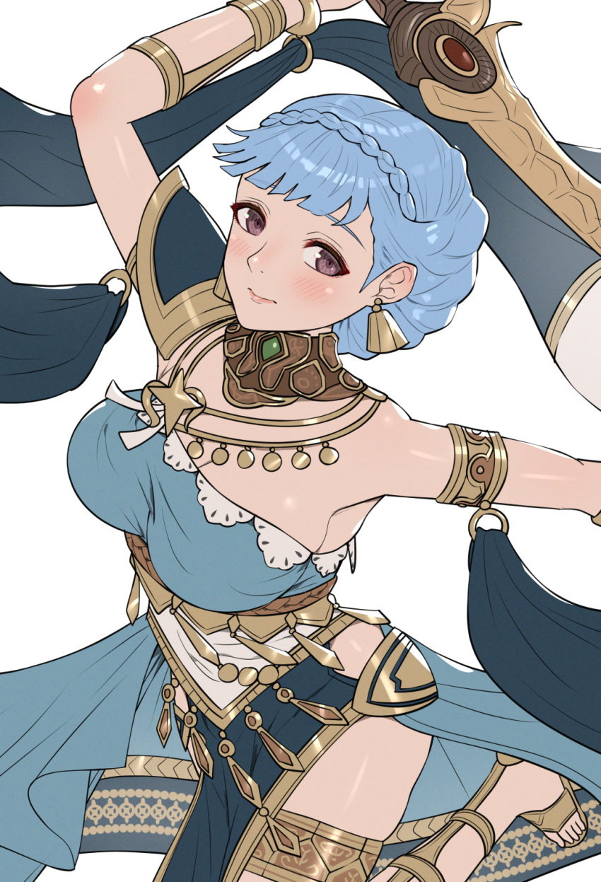 1girl alternate_costume armlet bangs bare_shoulders blue_hair blush bracelet braid breasts brown_eyes circlet cleavage crown_braid dancer dancer_(three_houses) earrings fire_emblem fire_emblem:_three_houses fire_emblem_heroes gonzarez highres jewelry large_breasts long_hair looking_at_viewer marianne_von_edmund midriff navel necklace official_alternate_costume simple_background smile solo upper_body