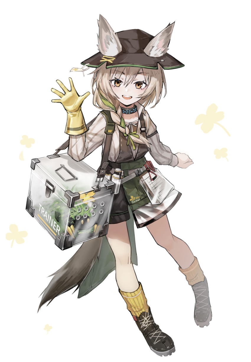 1girl :d absurdres animal_ears arknights beanstalk_(arknights) bilibilida black_collar black_footwear black_headwear black_shorts braid brown_hair cage carrying chinese_commentary collar commentary_request ears_through_headwear full_body gloves green_hair hair_between_eyes highres hyena_ears hyena_girl hyena_tail infection_monitor_(arknights) looking_at_viewer metal_crab_(arknights) multicolored_hair open_mouth overalls shirt shoes shorts shoulder_carry simple_background single_glove smile socks streaked_hair teeth white_background white_shirt yellow_eyes yellow_gloves yellow_legwear