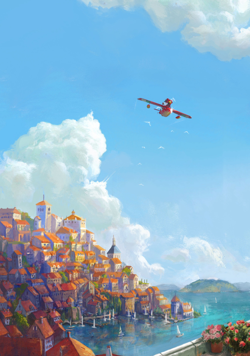 absurdres aircraft airplane bird blue_sky boat city cloud day dock english_commentary flower highres house italy kurenai_no_buta lightface outdoors plant potted_plant sailboat savoia_s.21 seaplane sky watercraft