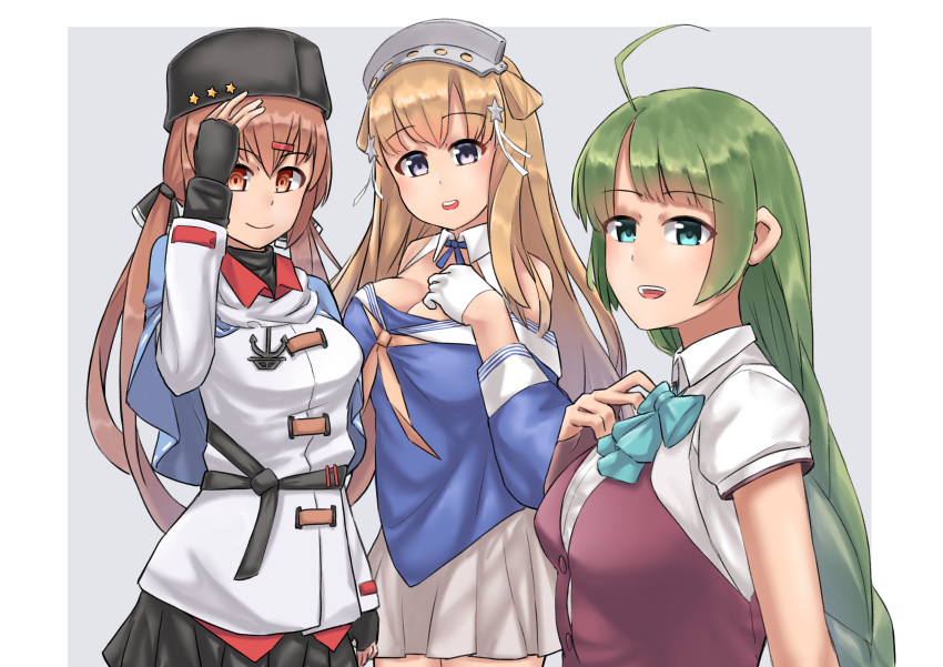 3girls absurdres ahoge anchor_necklace black_bow black_gloves black_headwear black_skirt blonde_hair blouse blue_shawl blue_shirt bow bowtie braid breasts brown_eyes brown_hair double_bun fingerless_gloves fletcher_(kancolle) garylin gloves green_hair hair_bow hair_ornament hairband highres jacket kantai_collection large_breasts long_hair long_sleeves low_twintails multiple_girls neckerchief off_shoulder papakha pleated_skirt purple_eyes red_shirt remodel_(kantai_collection) ribbon_trim sailor_collar scarf school_uniform serafuku shawl shirt short_sleeves single_braid skirt star_(symbol) star_hair_ornament tashkent_(kancolle) twintails untucked_shirt very_long_hair white_blouse white_gloves white_jacket white_sailor_collar white_scarf white_skirt yellow_neckwear yuugumo_(kancolle)