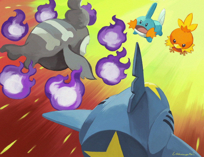 black_eyes closed_mouth commentary duskull energy gen_3_pokemon highres mudkip no_humans open_mouth pokemon pokemon_(creature) pokemon_battle sharpedo signature tongue torchic uninori