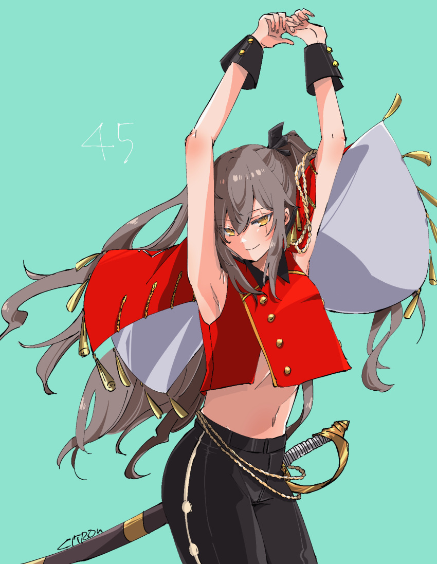 1girl armpits arms_up artist_name black_pants brown_hair character_name citron80citron commentary_request cowboy_shot girls'_frontline green_background highres looking_at_viewer midriff navel official_alternate_costume one_side_up pants red_shirt saber_(weapon) scar scar_across_eye sheath sheathed shirt sidelocks sleeveless sleeveless_shirt smile solo sword ump45_(girls'_frontline) weapon wrist_cuffs yellow_eyes