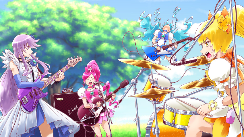 4girls absurdres bass_guitar blonde_hair blue_bow blue_choker blue_dress blue_gloves blue_neckwear blue_sky blurry blurry_background bow choker commentary cure_blossom cure_marine cure_moonlight cure_sunshine day depth_of_field dress drum drum_set drumsticks elbow_gloves electric_guitar fingerless_gloves frilled_cuffs frown gloves grey_dress guitar hair_bow hair_ornament hanasaki_tsubomi headbanging heartcatch_precure! highres holding holding_drumsticks holding_instrument instrument jumping kurumi_erika long_hair magical_girl medium_dress multiple_girls music myoudouin_itsuki open_mouth outdoors pink_bow pink_choker pink_dress pink_hair pink_neckwear playing_instrument precure puffy_short_sleeves puffy_sleeves purple_eyes purple_hair satou_yasu short_dress short_sleeves singing sitting sky standing thighhighs tree tsukikage_yuri twintails very_long_hair white_legwear yellow_dress yellow_eyes