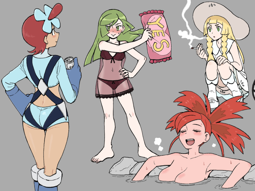 4girls :d ace_trainer_(pokemon) bangs bare_arms barefoot bathing blonde_hair blush breasts can cigarette closed_eyes closed_mouth collarbone collared_dress commentary dress eyelashes flannery_(pokemon) green_eyes grey_background hand_on_hip hat highres holding holding_can holding_cigarette holding_pillow knees lillie_(pokemon) long_hair multiple_girls navel nutkingcall one_side_up open_mouth pillow pokemon pokemon_(game) pokemon_bw pokemon_oras pokemon_sm red_hair shoes short_hair simple_background skyla_(pokemon) sleeveless sleeveless_dress smile smoking squatting standing tied_hair tin_can toes tongue upper_teeth wet white_dress white_legwear yes yes-no_pillow