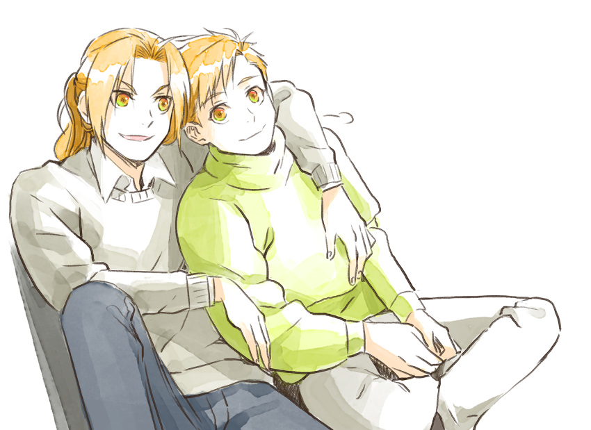 2boys =3 alphonse_elric arm_around_neck bangs blonde_hair brothers cardigan closed_mouth collared_shirt crossed_legs denim edward_elric elbow_on_knee eye_contact eyebrows_visible_through_hair fingernails fullmetal_alchemist green_sweater grey_cardigan grey_pants hands_on_lap heads_together hug jeans knee_up leaning leaning_on_person looking_at_another looking_to_the_side male_focus multiple_boys pai_(1111) pants parted_bangs parted_lips ponytail shadow shirt siblings side-by-side sigh simple_background sitting smile sweater swept_bangs tareme tsurime turtleneck turtleneck_sweater v_arms white_background yellow_eyes
