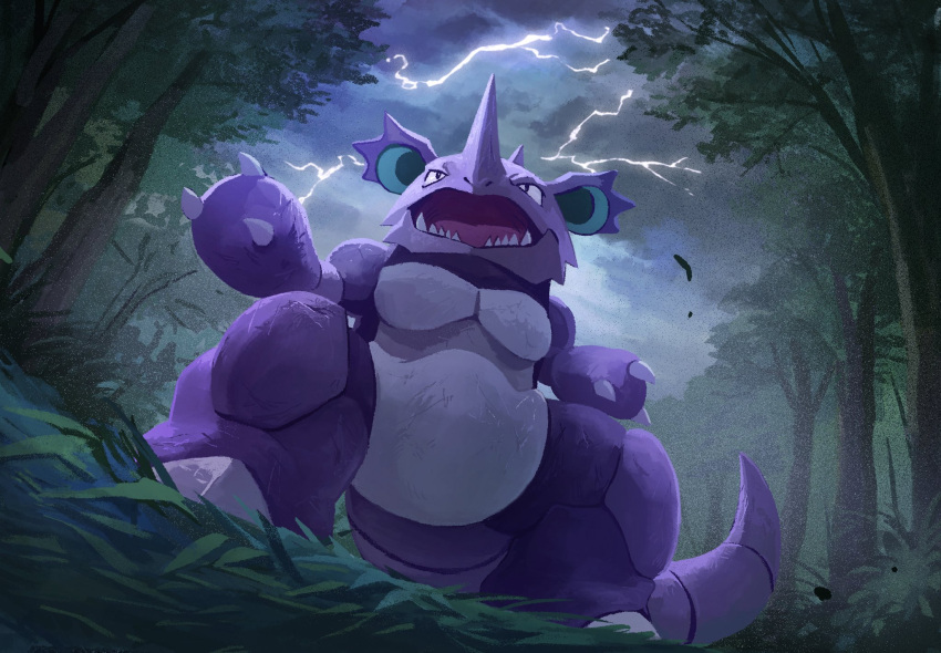 black_eyes claws cloud commentary_request electricity forest from_below gen_1_pokemon grass highres nature nidoking night no_humans open_mouth outdoors pokemon pokemon_(creature) sharp_teeth sky solo teeth tongue tree uninori