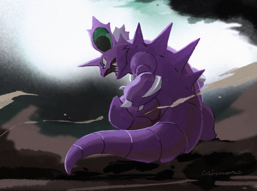 black_eyes claws commentary_request from_behind full_body gen_1_pokemon highres looking_to_the_side nidoking no_humans open_mouth pokemon pokemon_(creature) sharp_teeth standing teeth uninori