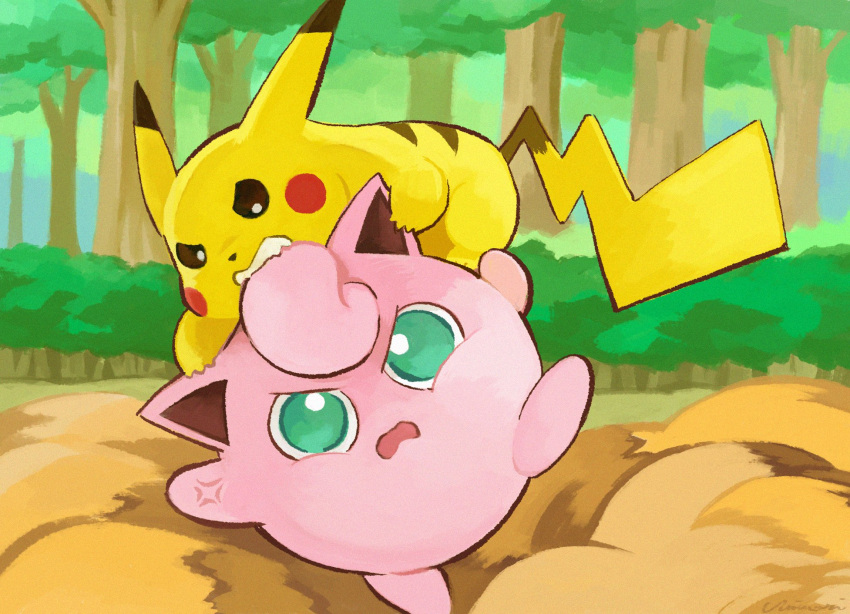 anger_vein angry biting bush commentary day gen_1_pokemon green_eyes highres jigglypuff no_humans open_mouth outdoors pikachu pokemon pokemon_(creature) tree uninori