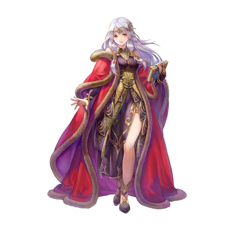 1girl absurdres bangs bare_shoulders book breasts brown_eyes commentary dress fingernails fire_emblem fire_emblem:_radiant_dawn fire_emblem_heroes full_body fur_trim haccan hair_ornament highres holding holding_book jewelry long_hair long_sleeves looking_at_viewer medium_breasts micaiah_(fire_emblem) official_art parted_lips purple_dress shiny shiny_hair side_slit silver_hair simple_background smile solo standing thigh_strap thighs tiara white_background